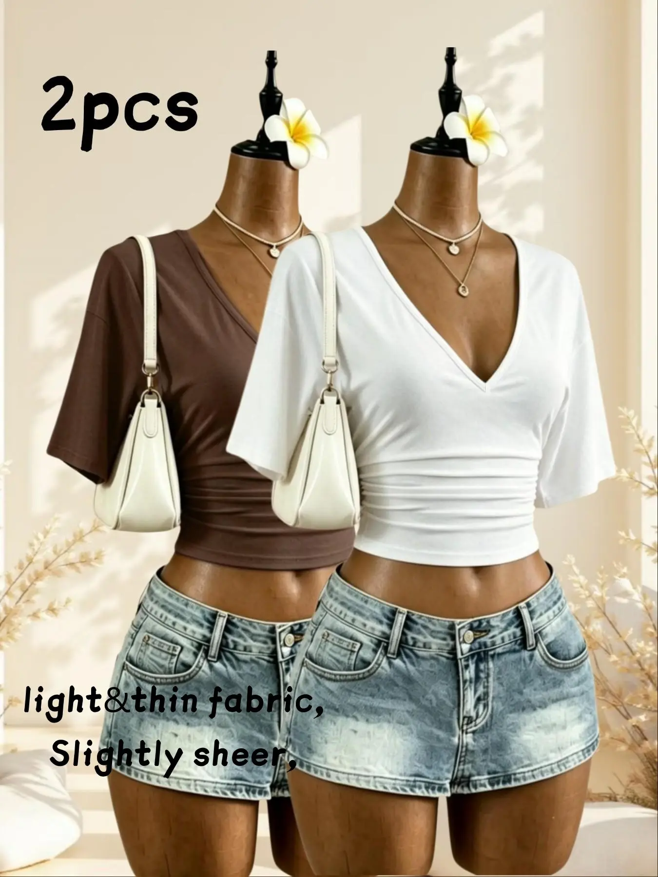 Sexy Low V-Neck Mid-Arm Tight Short Sleeve Top, Elastic Wrinkle Small Size Versatile Short Crop Waist Show Top, Two-Piece Set