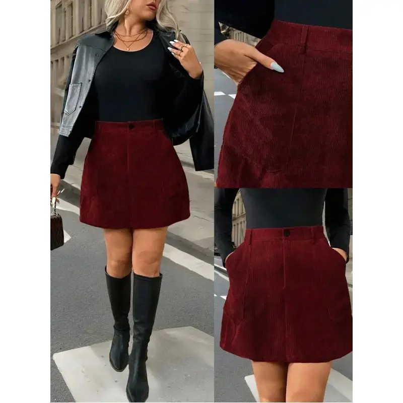 Christmas Plus Size Corduroy A-Line Midi Skirt for Women with Zipper Pocket Decorated Red Burgundy