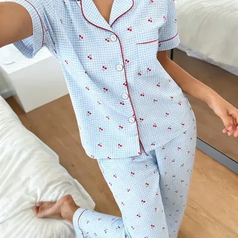 Women's Short Sleeve Top Long Pants Pajama Set Pyjamas, Blue Grid Cherry Full Print, Button, Casual Loose Fit, Soft Breathable Home Wear, Pjs, Loungewear, Nightwear, Fruit Print Pajama, Printed Pajama Set