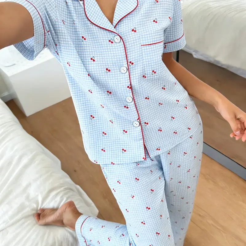 Women's Short Sleeve Top Long Pants Pajama Set Pyjamas, Blue Grid Cherry Full Print, Button, Casual Loose Fit, Soft Breathable Home Wear, Pjs, Loungewear, Nightwear, Fruit Print Pajama, Printed Pajama Set