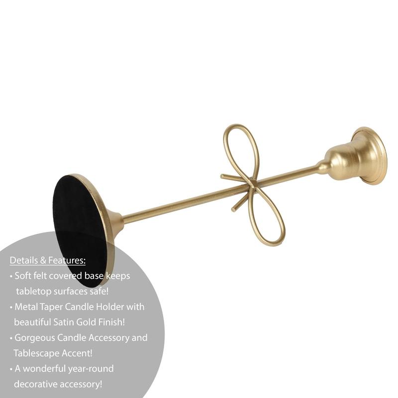 Large Bow Taper Candle Holder – 9" Antique Gold Iron & MDF Tabletop Decor, Bow Accent, Indoor Candle Accessory