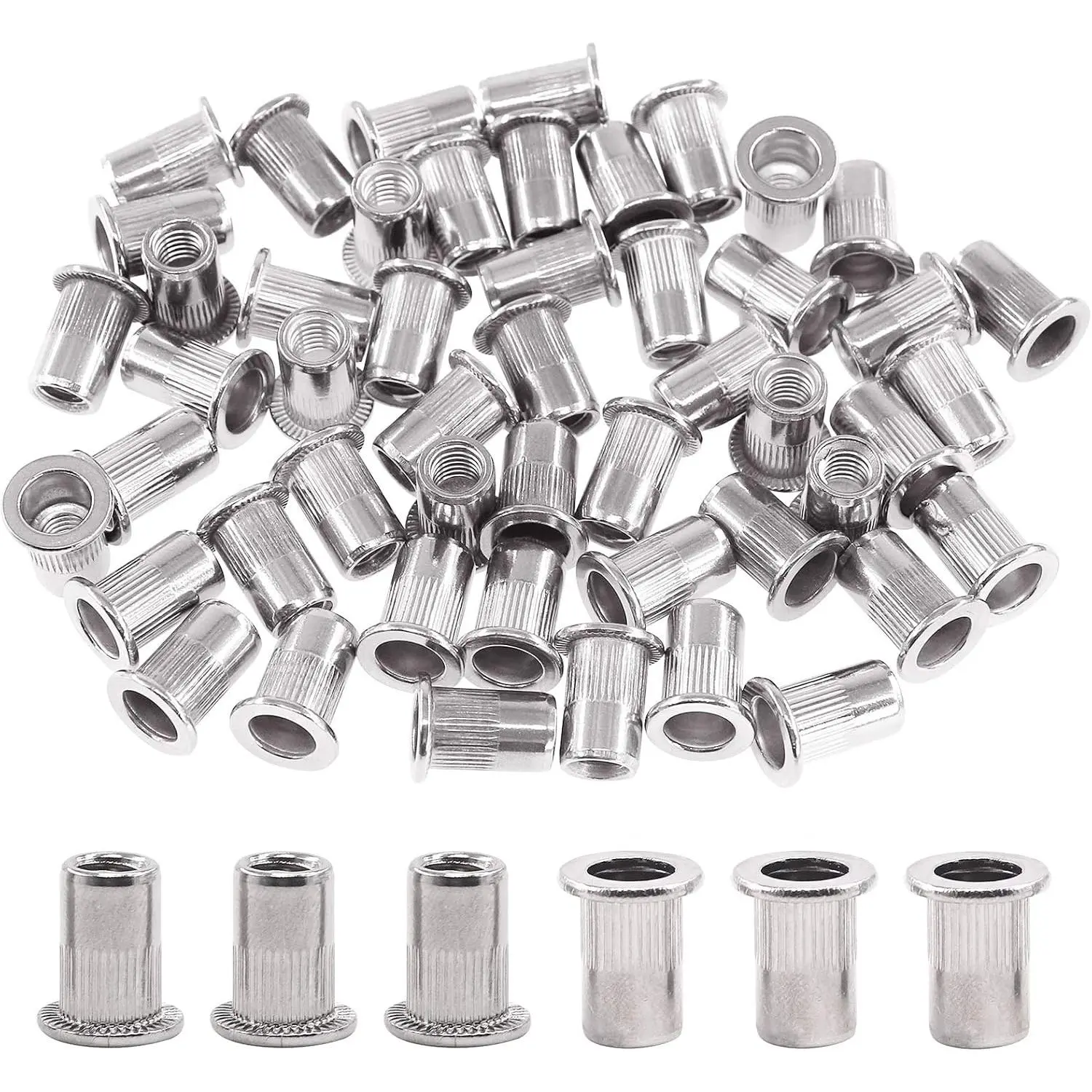 50-Count 1/4''-20UNC High-Strength 304 Stainless Steel Flat Threaded Insert Rivet Nuts, Industrial Fixing Nutserts Set for Hand Riveters