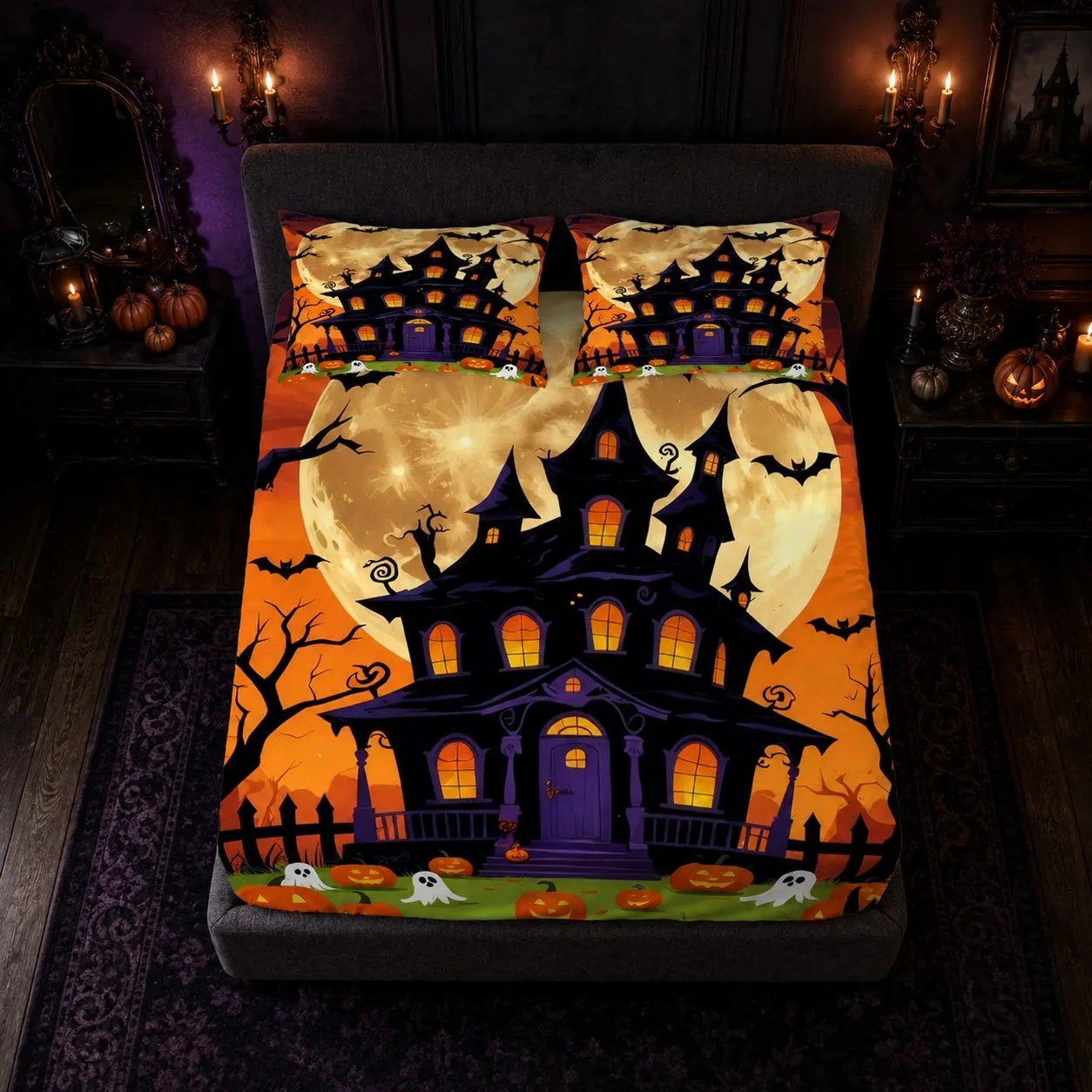 Halloween Ghost Haunted House Printed Fitted Sheet 3 Piece Set (1 Fitted Sheet + 2 Pillowcases, No Pillow Inserts), Skin-Friendly All-Season Gothic Bedding, for Horror Themed Apartments & Halloween Dorms, Dark Style Home Decor & Ideal Halloween Gift