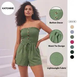 Katch Me Women's Basic Solid Off Shoulder Partial Button Front Tie Playsuit, Elegant Casual Sleeveless Lightweight Loose Playsuit, Wide Leg Playsuit