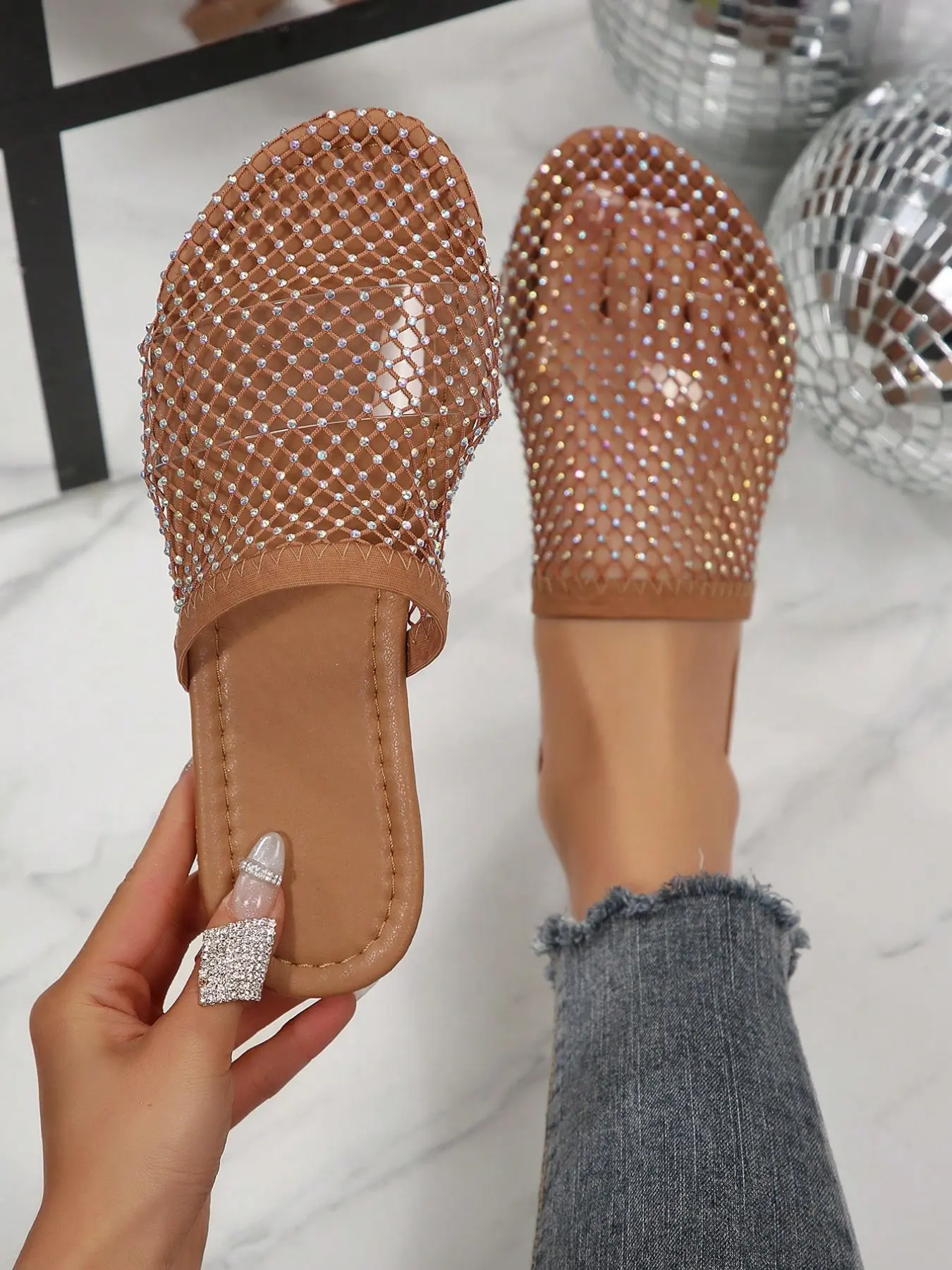 Summer New Arrival Unique Simple Hollow Out Rhinestone Flat Sandals, Women's Casual Slip-On Breathable Mesh Toe Slippers Footwear