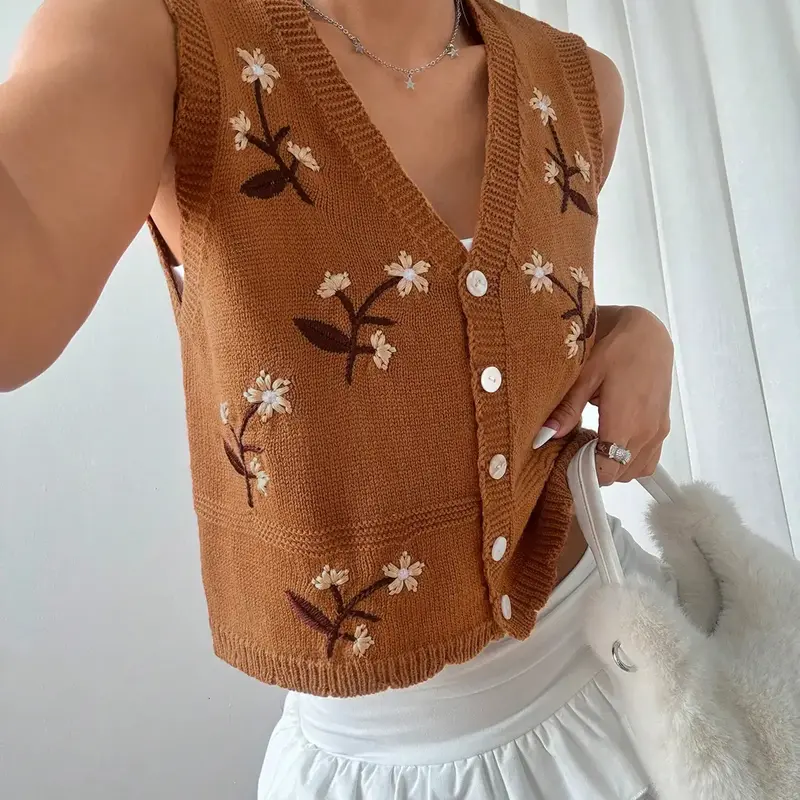 Women's Floral Embroidery Button Front V Neck Sweater Vest, Lady Casual Chic Sleeveless Sweater Vest for Summer, Crochet Clothes, Fashion Women's Knitwear for Daily Wear, Summer Tops, Fitted Vest Top, Womenswear, Chic Elegant Vest, Floral Pattern Vest