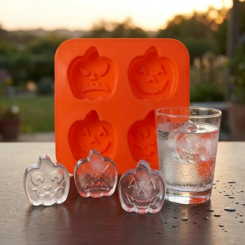 Halloween-themed silicone molds featuring four cavity pumpkin designs, as well as creative molds for ice cream and ice cubes, are ideal for crafting non-stick desserts, chocolates, and baking tools suitable for puddings and icings,