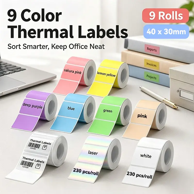 9 Rolls 9 Colors Label Paper, Multifunctional Round Stickers, Sticker Labels, 50x50mm, Back-To-School Supplies, Compatible M100/m110/m220/p50, Christmas Gift