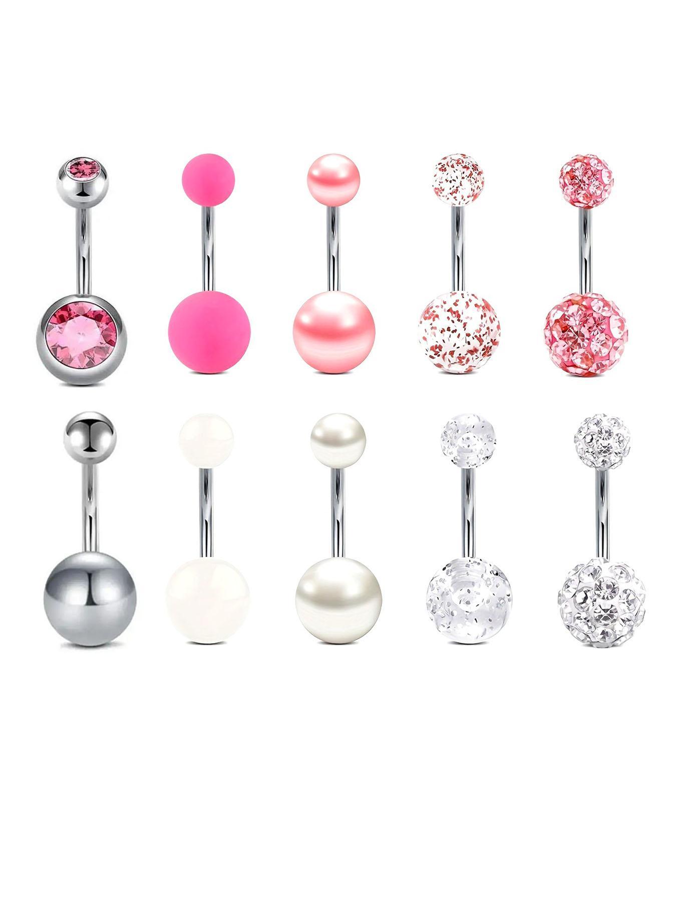 10pcs/set Elegant Rhinestone Heart Decor Belly Button Ring, Trendy Women Belly Piercing Body Jewelry, Classic Fashion Accessories for Daily Wear, Valentine's Day Gift, Body Piercings Set