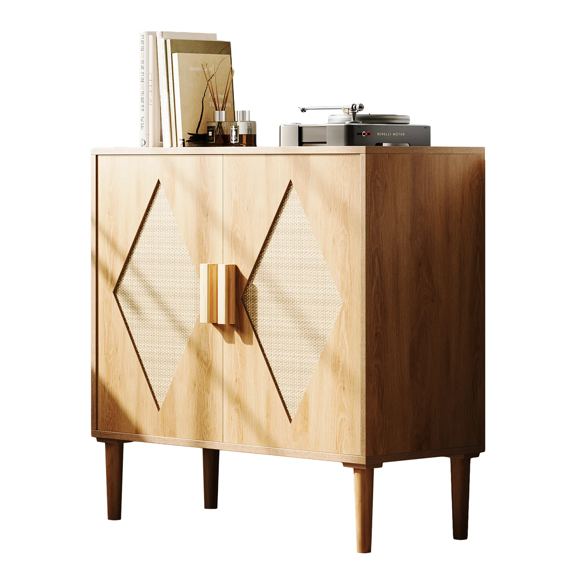 Modern Boho Rattan Sideboard – 2-Door Wooden Storage Buffet with Adjustable Shelves, Drawers & Handwoven Accents for Living Room or Bedroom