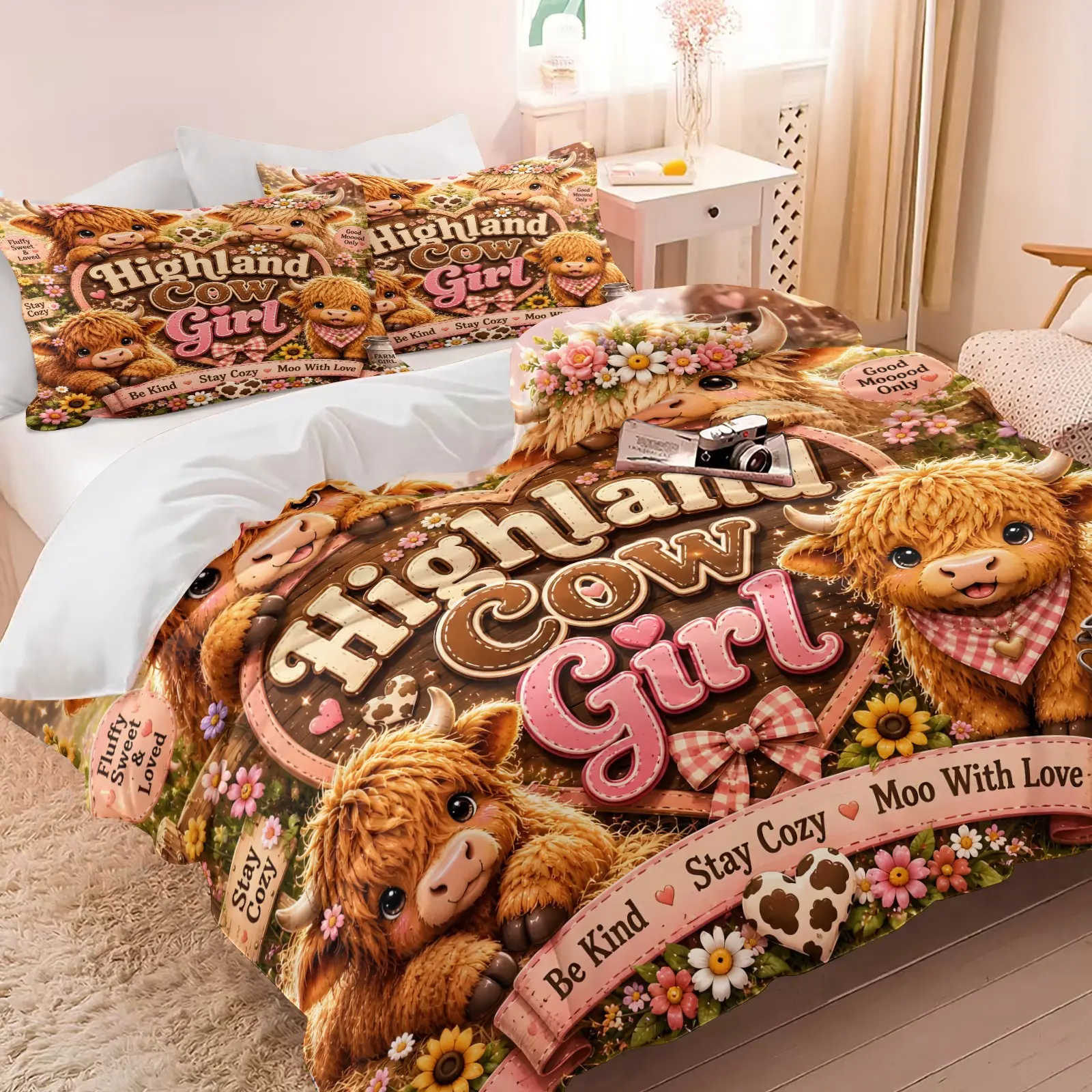 2/3-Piece Highland Cow Girl & Floral Duvet Cover Set (1 Comforter Cover + 1 or 2 Pillowcases; No Insert Included) – Cute Farm Cow-Style Bedding for Girls, Pink Cottagecore/Rustic Bedroom Decor – Soft, Comfortable, Skin-Friendly & Breathable