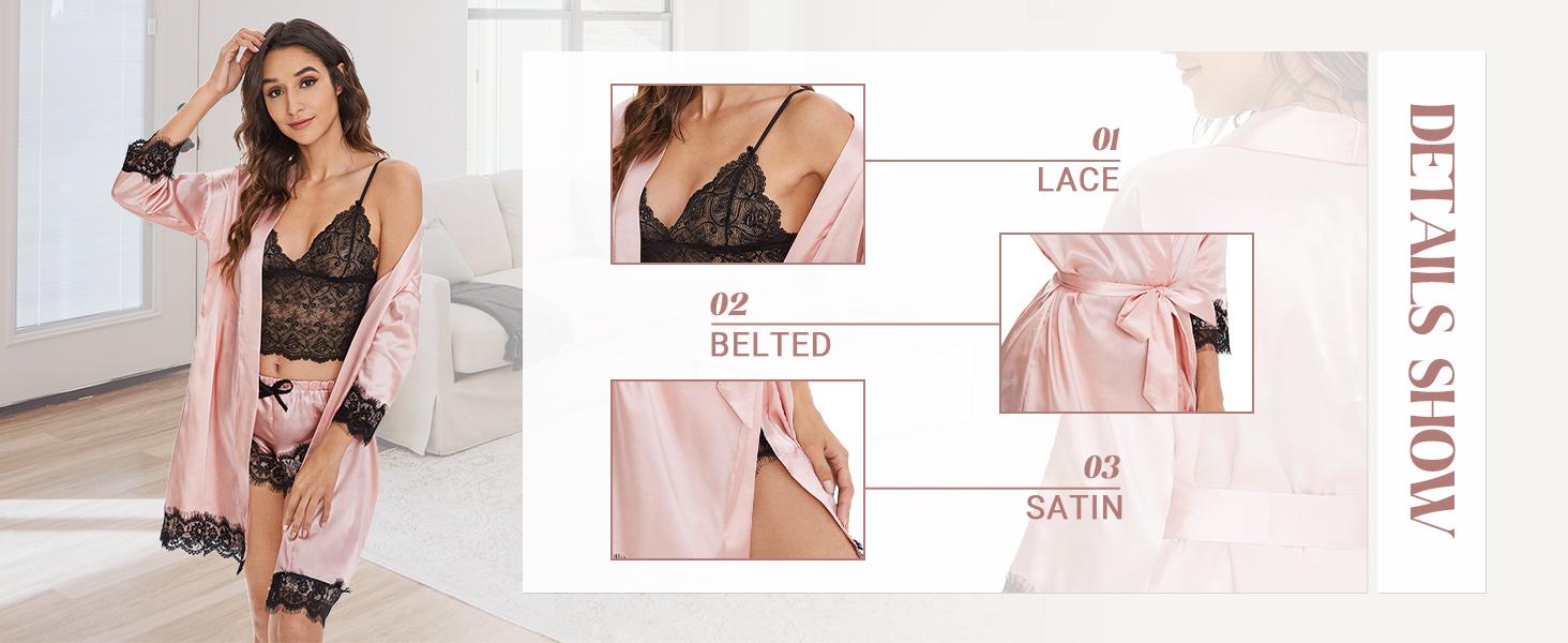 Women's 4-Piece Silk Satin Bridal Honeymoon Sleepwear Set, Floral Lace Cami with Robe