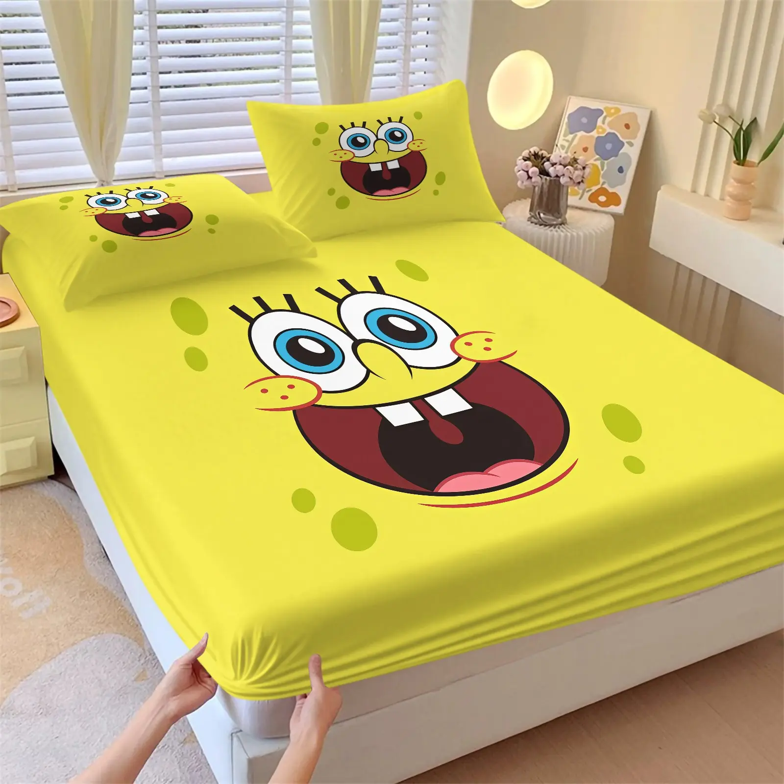3-Piece Spongebob Pattern Fitted Sheet Set, Including 1 Flat Sheet And 2 Pillowcases, Soft And Comfortable Bedding, Non-Slip Dust Cover, Suitable For Bedroom And Guest Room