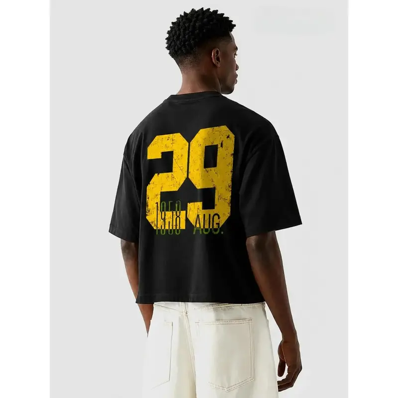 Vintage Distressed 29 Number Back Print T-Shirt, Retro 1958 August Varsity Athletic Graphic Tee, Unisex Oversized Crew Neck Short Sleeve Casual Streetwear Top