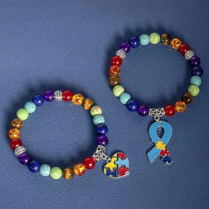 Autism Awareness Bracelet with Rainbow Natural Stones, Unisex Beaded Stretch Band with Puzzle Charm, Elastic Slip-on Wristwear, Puzzle Charms, Rainbow Beads, Teacher, Therapist, 1 #Colorful Bracelet