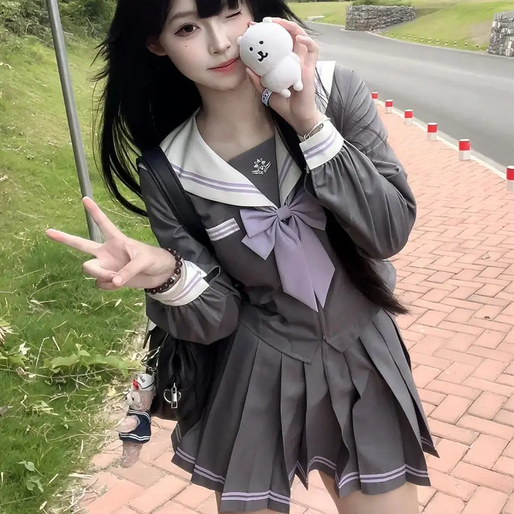 2026 new hot item Gray Sailor Uniform School Uniform for Women Girls School JK Uniforms Set Korean Seifuku Japanese Sailor Fuku Long Sleeve