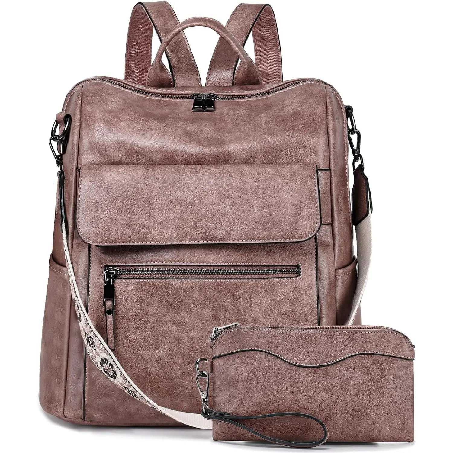 Women's Retro Vegan Leather Convertible Backpack Purse, 2-Piece Set with Wallet Pouch, Large Capacity Daypack for Everyday Use