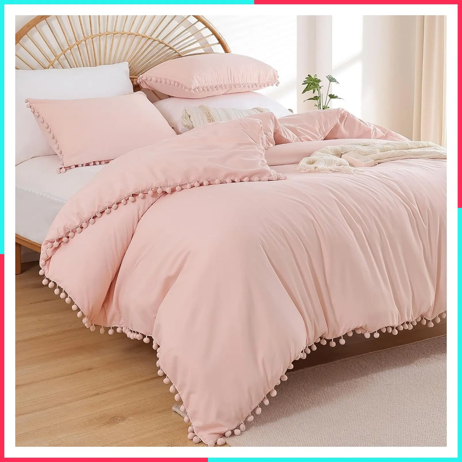 Twin Comforter Set, Blush Pink Ball Pom Fringe Bedding Set 2 Pcs | Solid Color Soft Boho Fluffy Reversible Lightweight Comforter 66"x90" & 1 Pillow Shams 20"x26" for All Seasons