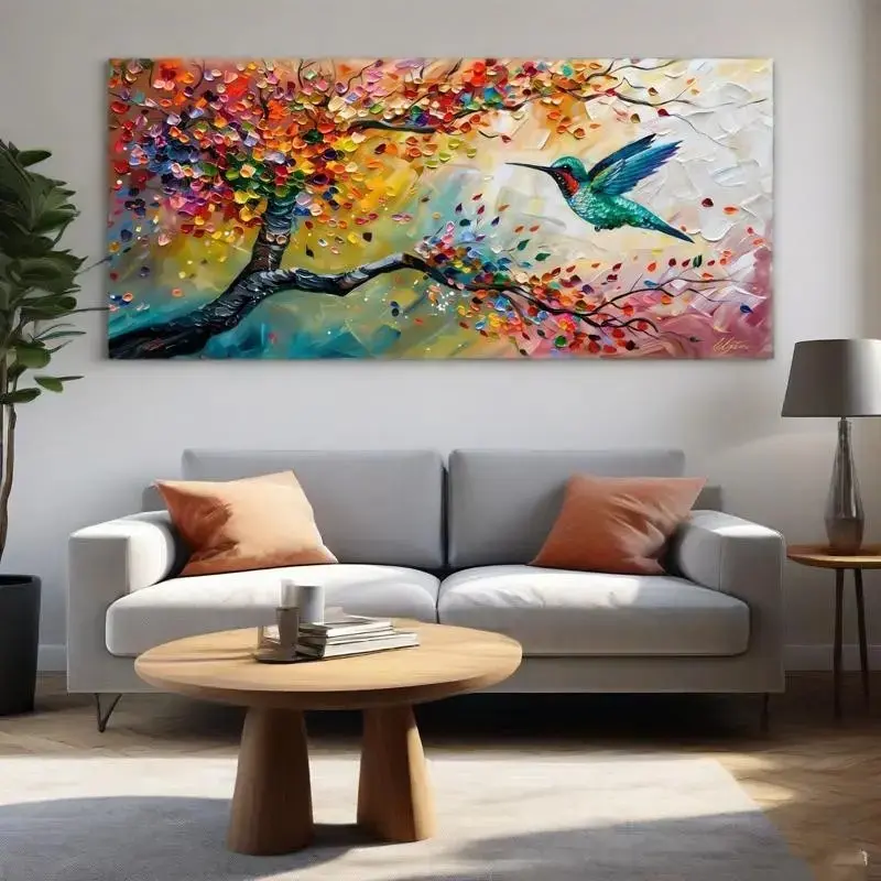 Abstract Colorful Graffiti Tree Hummingbird Landscape Canvas Painting, Impressionist Wall Art Poster, Home Decor for Living Room