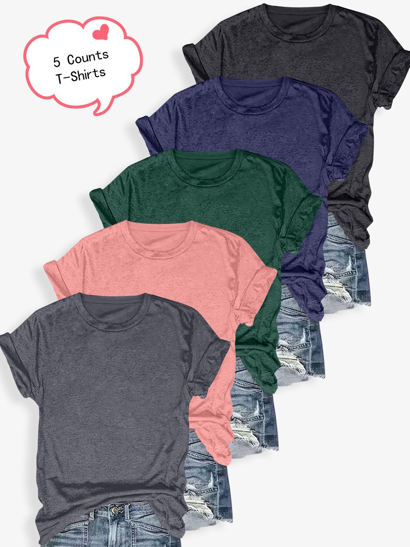 Women's Solid Color Round Neck Tee, Casual Short Sleeve Crew Neck T-shirt for Summer, Ladies Clothes for Daily Wear, Piece