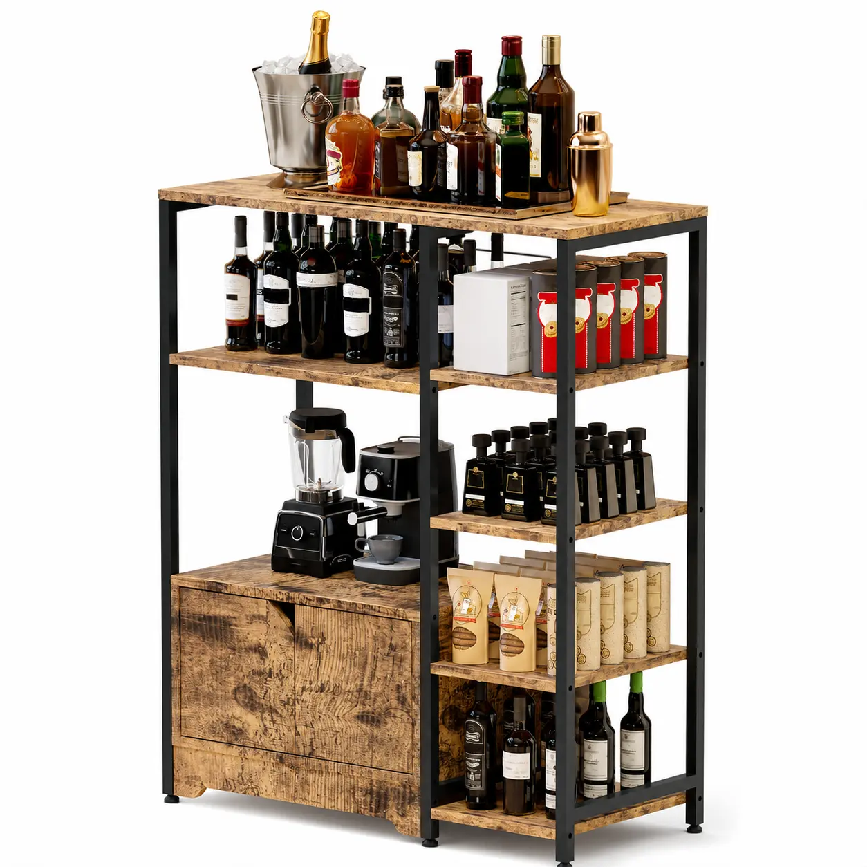 5-Tier Kitchen Storage Rack with Cabinet Doors, 31.6-Inch Space-Saving Farmhouse Baker’s Rack with Open Shelves, Metal Frame and MDF Wood Panels, Freestanding Coffee Bar Station and Microwave Stand for Pantry, Dining Room, Living Room or Office