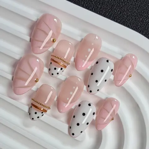 Sweet Pink Dot Press On Nails, Nail Art, Short Almond, 10pcs Handmade glossy nails with soft designs including sheer nude marble texture, sweet pink gradient tip, black polka dots, elegant reusable fake nails for daily wear, False Nail Set