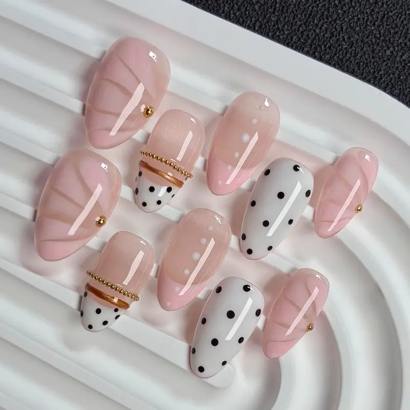 Sweet Pink Dot Press On Nails, Nail Art, Short Almond, 10pcs Handmade glossy nails with soft designs including sheer nude marble texture, sweet pink gradient tip, black polka dots, elegant reusable fake nails for daily wear, False Nail Set