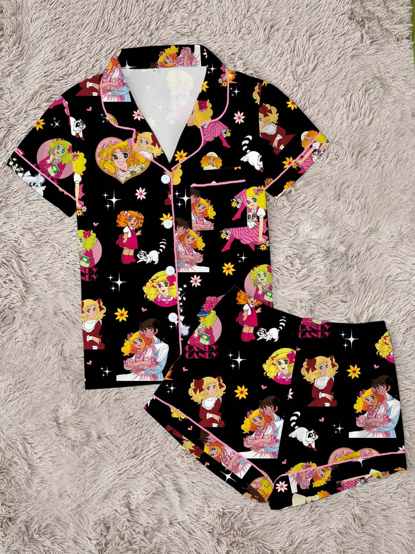 Cartoon Girl Anime Print Women's Pajama Set, Chic Loungewear Set, Comfortable Wear-Outside Sleepwear, Short Sleeve Button-Up Top and Elastic Shorts, Soft Home Gift