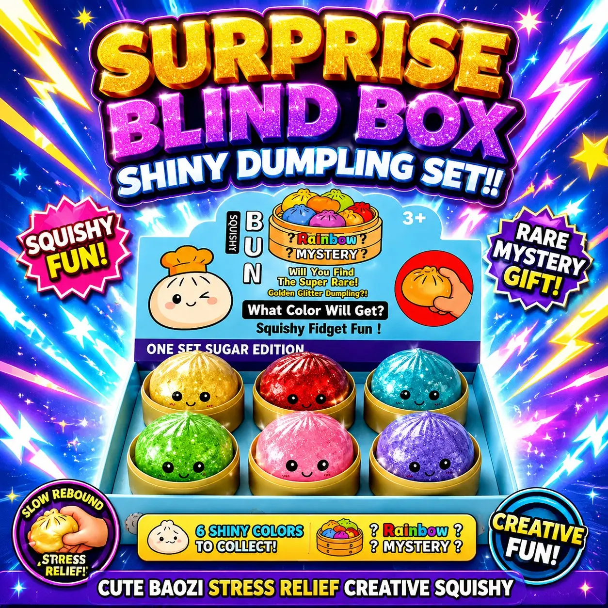 Glossy Shiny Dumpling Baozi Surprise Blind Box, Unique Slow Rebound Squishy Squeeze Fidget Toy for Anxiety Calming, Rare Limited Mystery Gift Box, Compact Indoor Table Decor Office Relaxation Trinket Holiday Exchange Souvenir, Sparkly Squishies