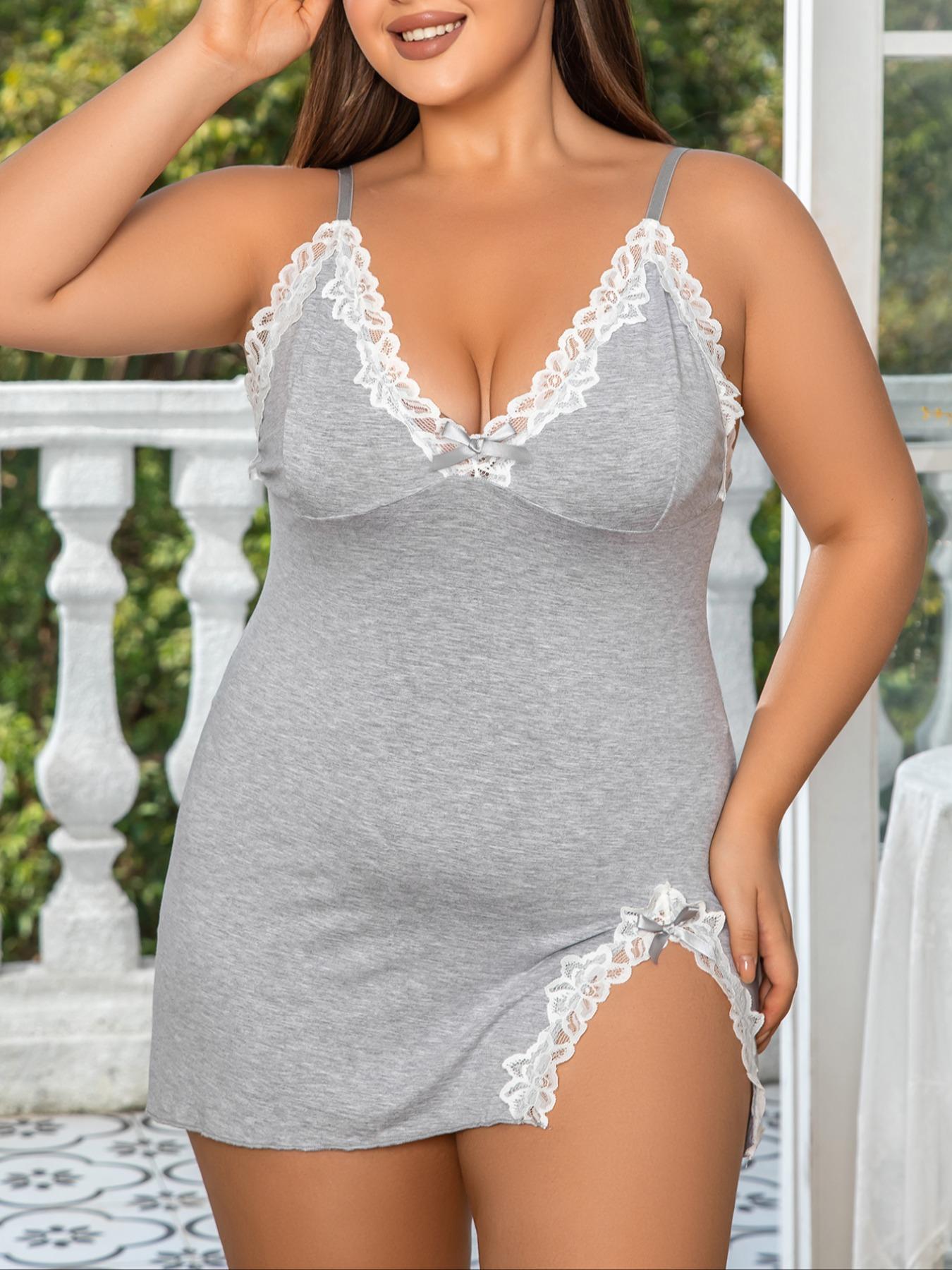 Plus Size Bow Decor Contrast Floral Lace Split Hem Cami Nightdress, Elegant Casual V Neck Sleeveless Nightgown for Summer, Women's Sleepwear for Home Wear