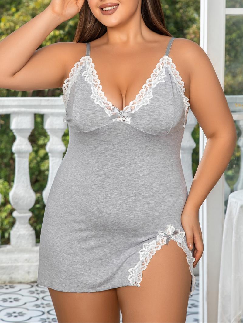 Plus Size Bow Decor Contrast Floral Lace Split Hem Cami Nightdress, Elegant Casual V Neck Sleeveless Nightgown for Summer, Women's Sleepwear for Home Wear