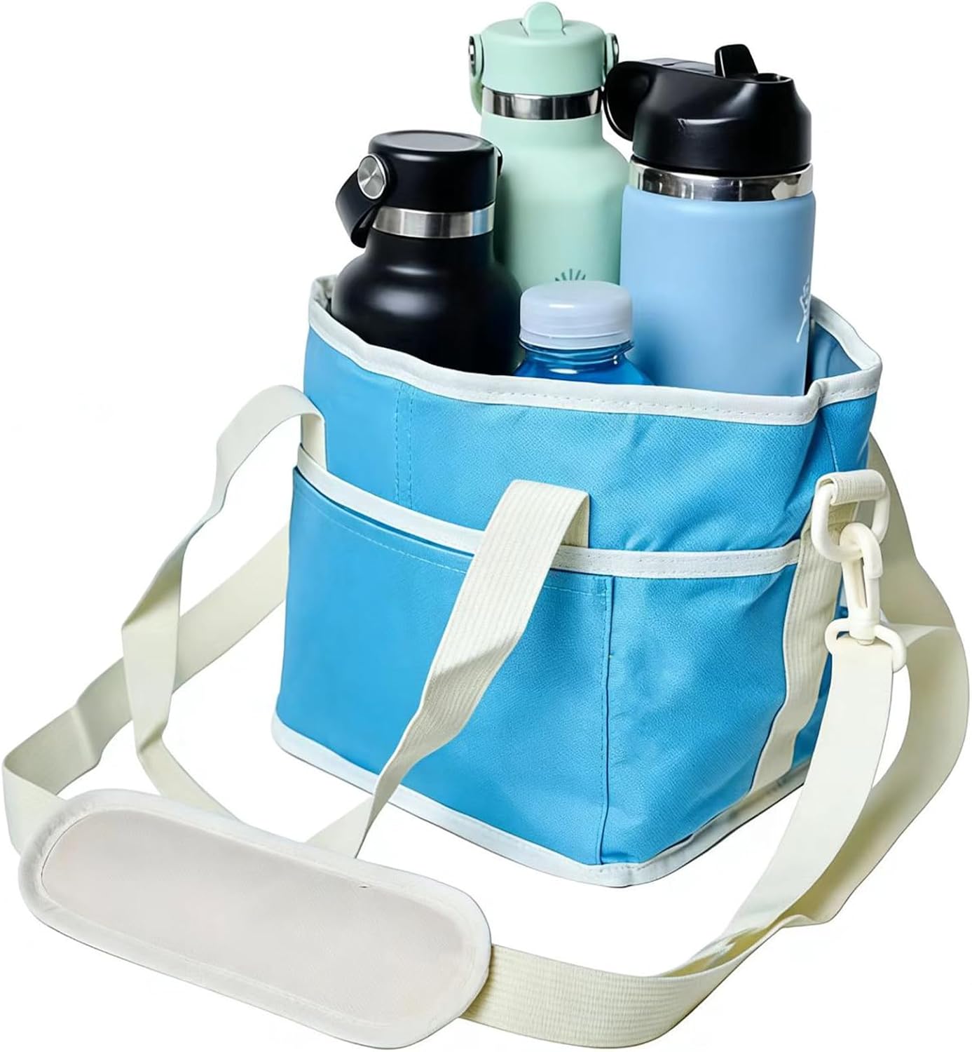 4 Compartment Insulated Drink Carrier Bag, Family Size Tumbler Caddy with Adjustable Strap, Reusable Drink Holder for Hiking, Camping, Sports & Family Outings, Blue/Black Available
