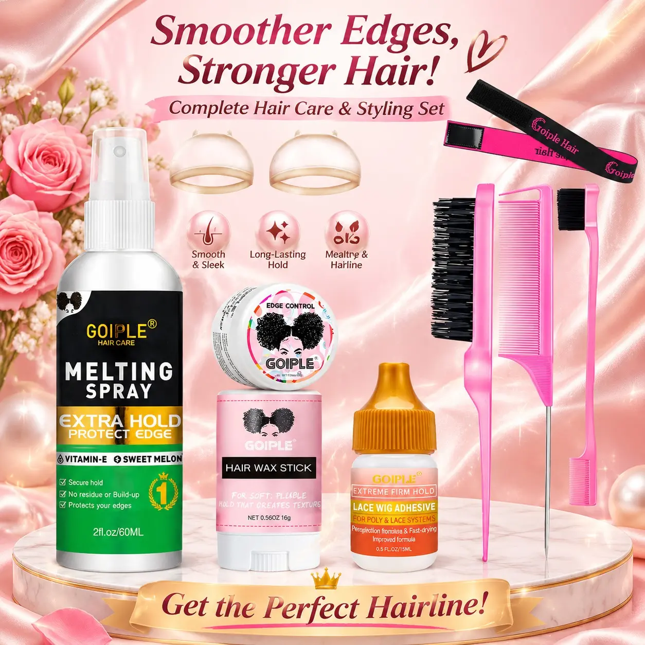 Complete Lace Wig Install Kit Extra Hold Melting Spray Lace Glue Edge Control Wax Stick Wig Caps Styling Comb Band Set, Beginner Wig Styling Tools, Sweat proof Lace Melting Kit For Natural Hairline，no residue，fast drying