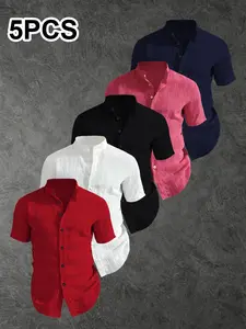 5-Pack Men's Summer Short Sleeve Classic Shirts, Lightweight Breathable Solid Collar Button-Up, Ideal for Beach Pool, Casual Swimwear