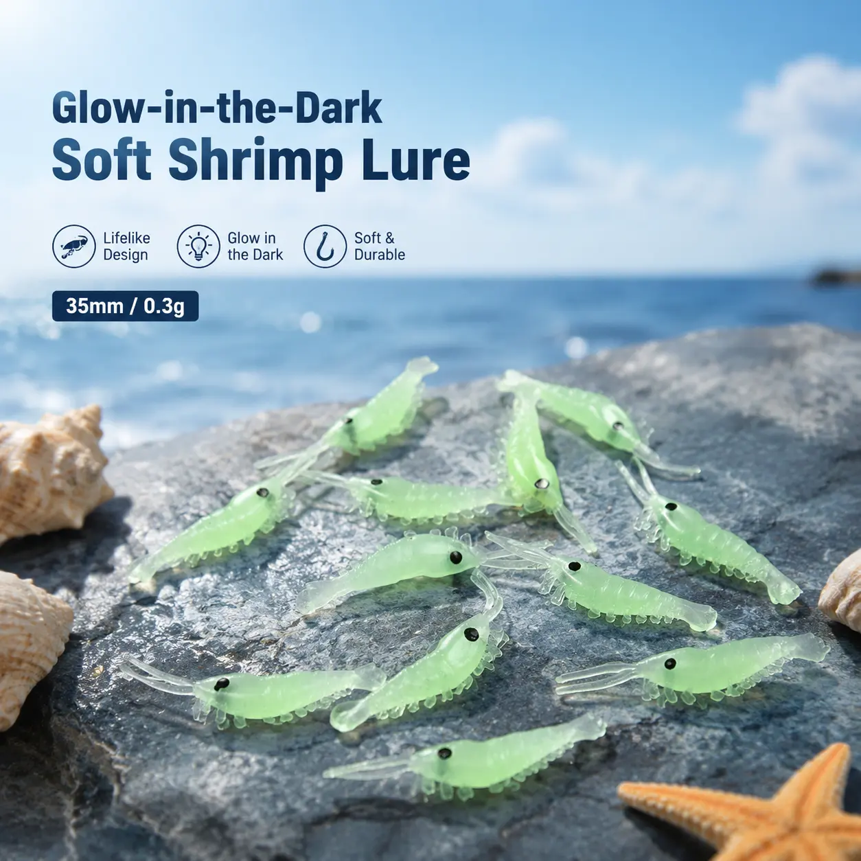 Glow-in-the-Dark Soft Plastic Shrimp Lure for Saltwater Fishing – 35mm Lightweight 0.3g Realistic Artificial Shrimp Bait Ideal for Light-Tackle Surf, Pier, and Boat Fishing with Enhanced Visibility and Natural Swimming Action