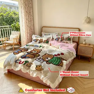 (1 duvet cover+2 pillowcases, coreless),3-Piece Duvet Cover Set With Bed Skirt,Fun Three Little Bear Print,Soft Comfortable Polyester Bedding Set, Machine Washable Without Deformation, Multi Sizes Available, Ideal For Bedroom & Dormitory, All Season