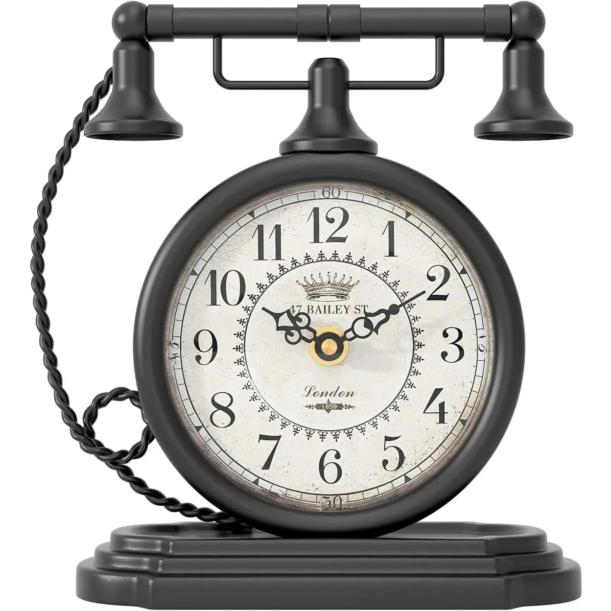 Black Vintage Table Clock, Antique Telephone Style Mantel Clocks, Desk and Shelf Decor Clock, for Living Room, Farmhouse, Bedside, Bedroom, Gift (7.3" H x 7.3" W)