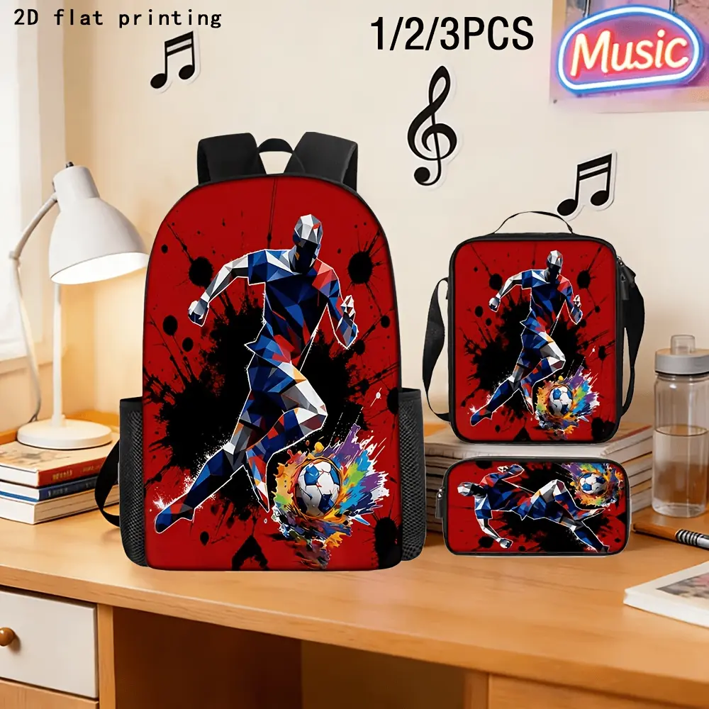 3-Piece Boys Water Resistant Backpack Set, Geometric Polygon Soccer Player Red Ink Splash Graffiti Sport Print School Kit Backpack Lunch Bag Pencil Case 600D Oxford for Football Fan Elementary & Middle School Daily Use