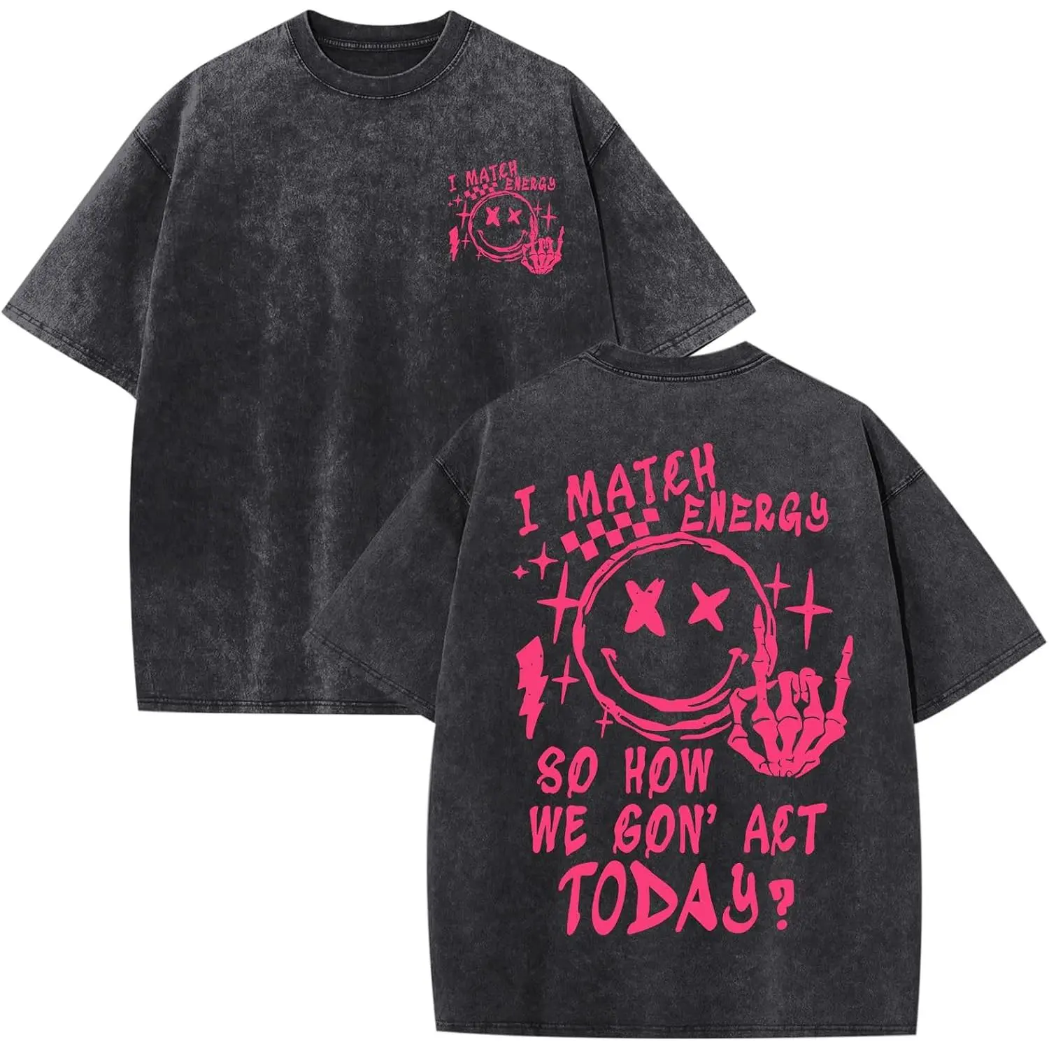 I Match Energy Graphic Tee Vintage Washed Cotton Tshirt Pink Smiley Face Back Print Sarcastic Quote Skeleton Hand Oversized T Shirt Women Short Sleeve Crewneck Top Y2K Aesthetic Streetwear Birthday Gift Men Unisex Loose Casual Top