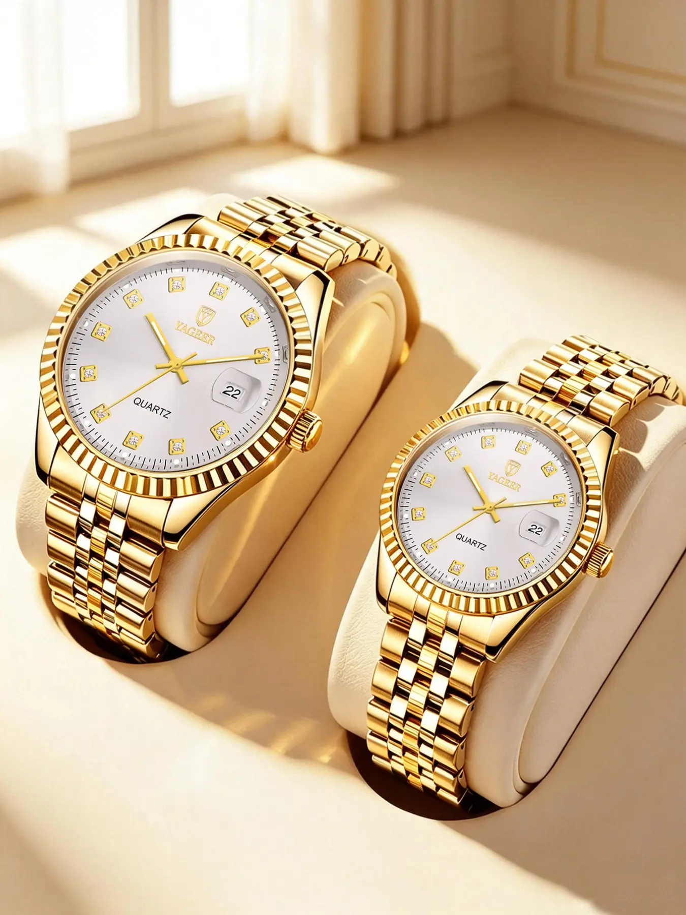 2-Piece Couples Luxury Quartz Watches with Round Dial Elegant Rhinestone Design for Travel and Business Use Gift for Him Stylish Fashion and Practical Features