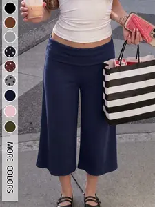 Women's Mid Low Waist Elastic Turn-Up Leggings, Casual Loose Fit Baggy Capri Pants, Comfortable Spring Summer Yoga Wear Activewear Pants, Available in 6 Colors