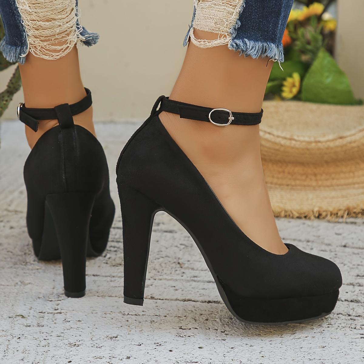 Black Velvet Heel Pumps with Ankle Strap - Professional Women's Dress Shoes, Round Toe Platform Heels Work & Events, Comfortable Faux Cover Lining, Rubber Sole, Hand Wash or Dry Clean, Stiletto Heels