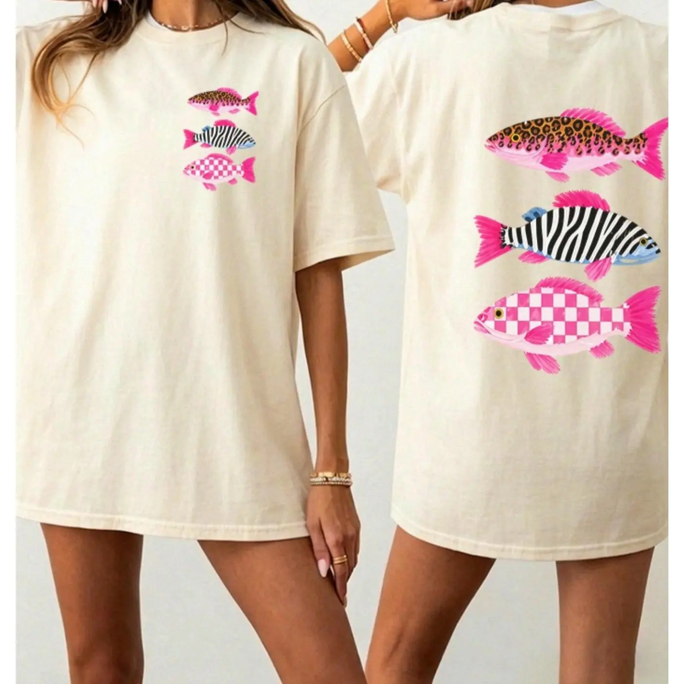 Women's Oversize Graphic T-Shirt, Ultra-Soft Heavyweight Combed Cotton with Animal Print Fish Graphic, Made in USA, Tee