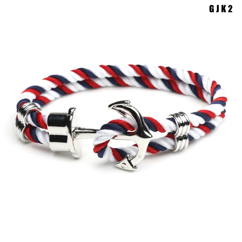 Red White Blue Twisted Rope Bracelet, Adjustable Twisted Cord Wristband with Silver Anchor Hook & Metal Slider Rings, Nautical Stackable Wrist Jewelry, Trendy Casual Accessory for Daily Vacation Holiday Gift