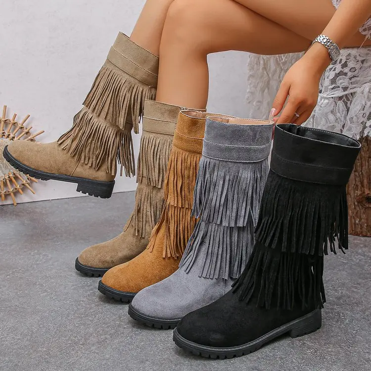 Women Layered Fringe Mid-Calf Para Black Plus Size Boots Suede Texture Pull-On Low Block Comfortable Heel Western Pirates Boots Fashion Non-Slip Casual Footwear for Fall Winter Daily Outing Party Street Shopping Autumn Shoes 2026American Style BlackFriday