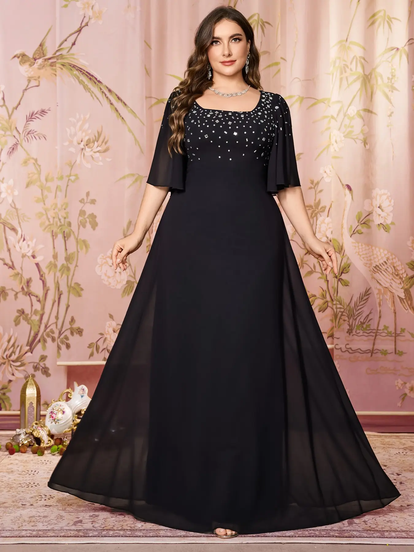 Plus Size Women's Square Neck Rhinestone Ruffle Sleeve Solid Chiffon Maxi Evening Dress, Bridesmaid Party Gown, Elegant Feminine Formal Wear