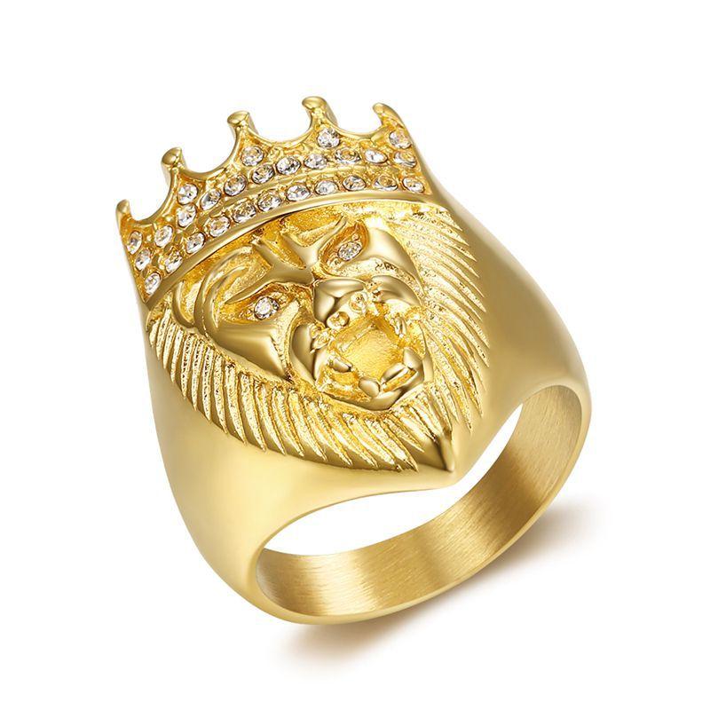 [FLAME] Hip Hop Crown Lion Head Ring Gold Plated Stainless Steel Bling Diamond Inlay Men's Fashion Statement Punk Street Hip Hop Jewelry Accessories