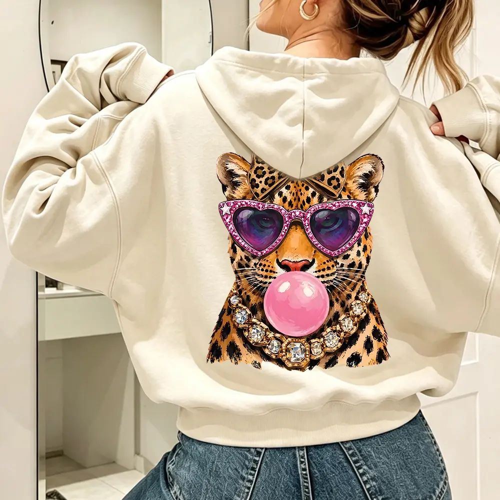 Trendy Leopard Bubblegum Graphic Oversized Hoodie - Y2K Pink Heart Glasses Cheetah Back Print Pullover Sweatshirt Unisex Fall Aesthetic Streetwear