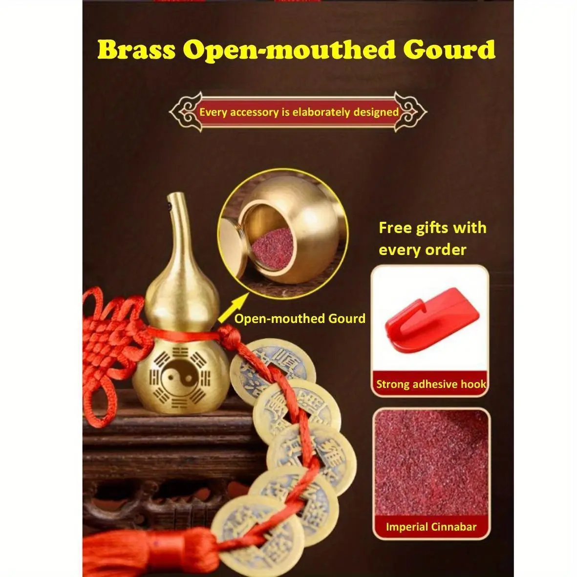 Feng Shui 5-Coins Brass Gourd Metal Amulet - Good Luck Charm, Fortune Wealth Talisman, Housewarming Move-In Gift with Hooks, Vermilion Powder, Asian Home Decor, Feng Shui Ornament, Good Luck Amulet