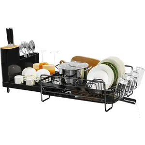 Dish Drying Rack Extendable, Large Dish Rack with Drainboard, Utensil Holder, Cup Holder, Expandable Dish Drainer for Kitchen Counter, 20.5"-27.6" L x 12.6" W
